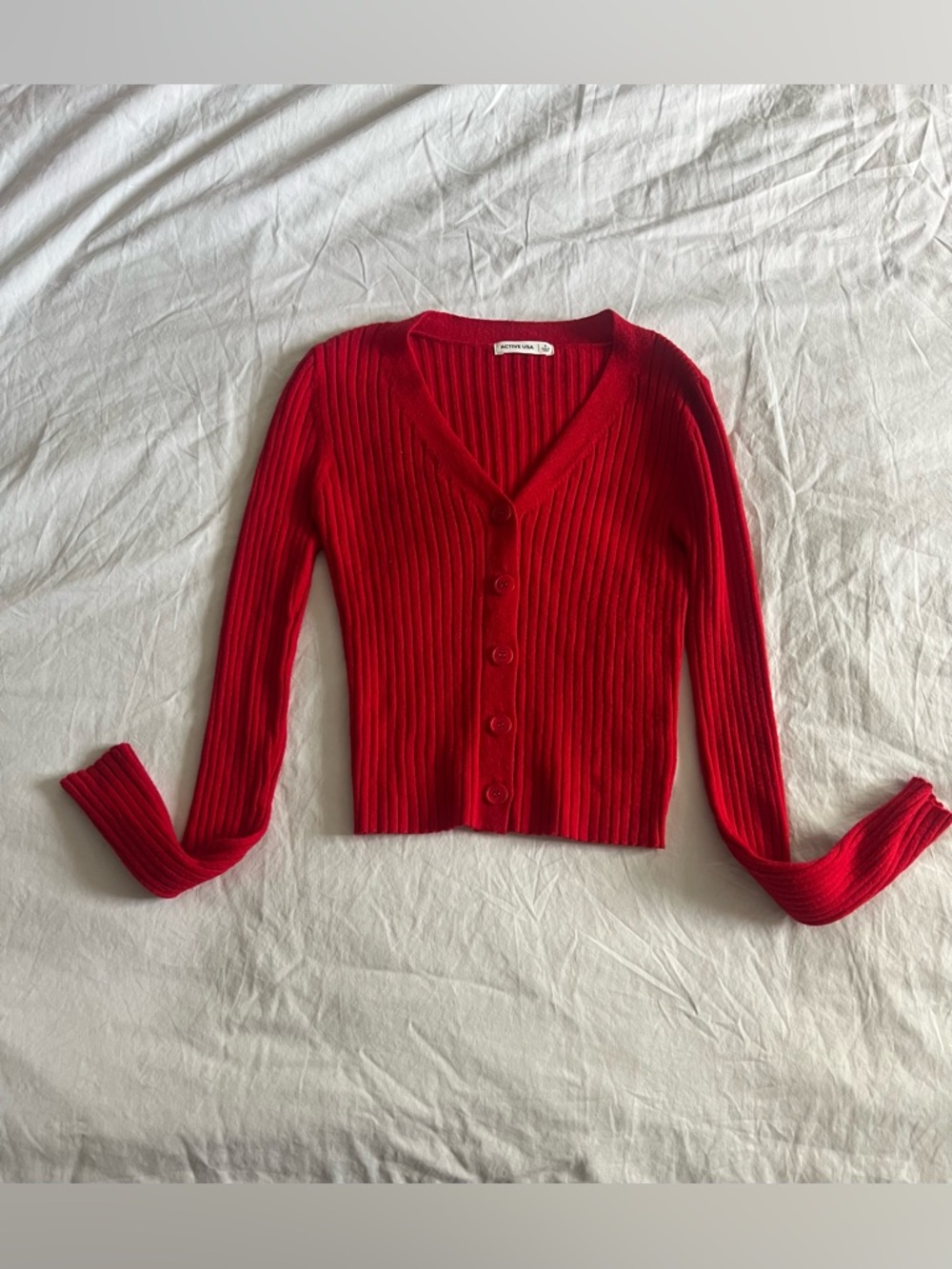Active USA Red Ribbed V-Neck Button Cardigan - Picture 6 of 9